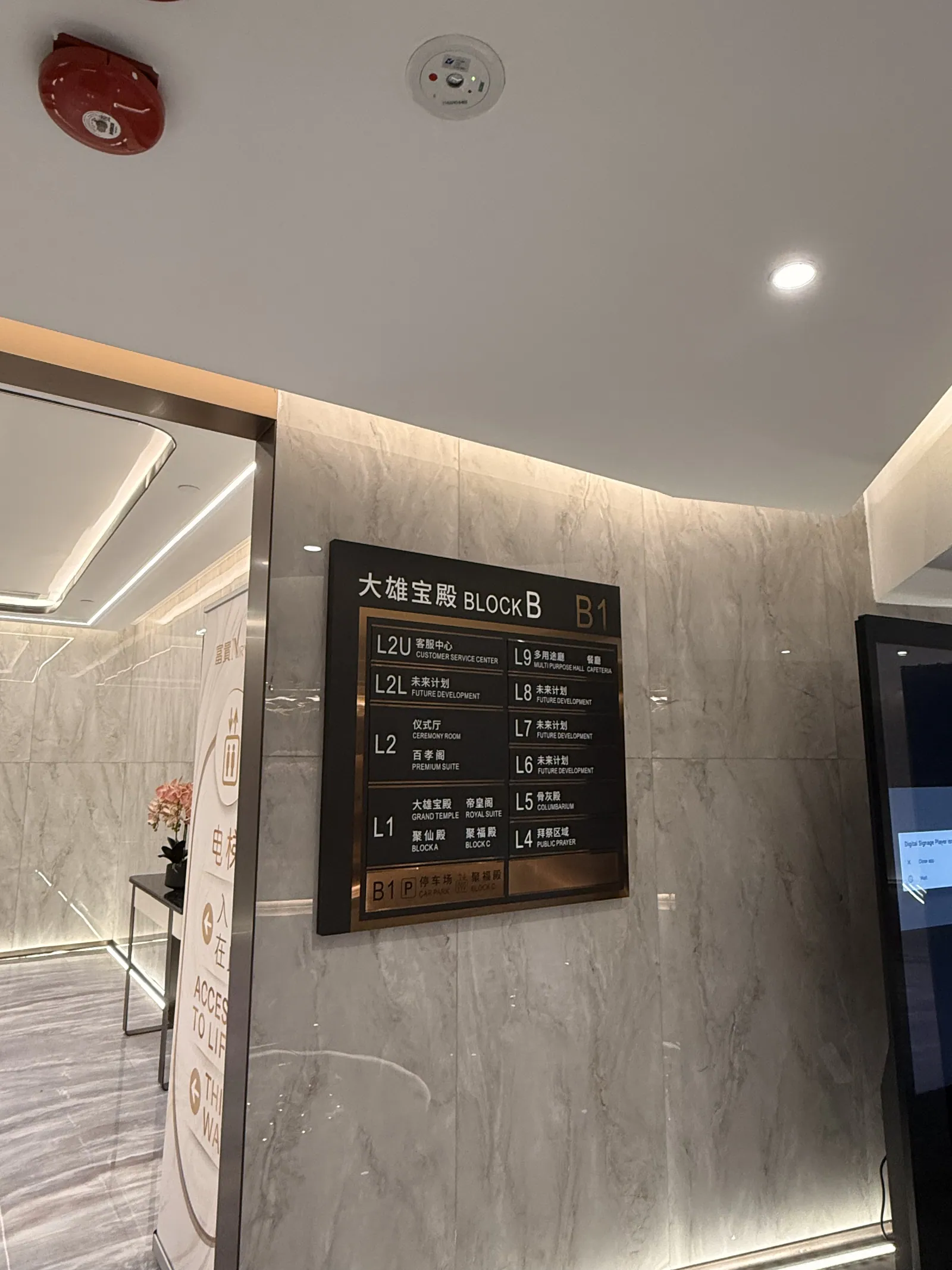 A hall directory board showing the blocks and levels