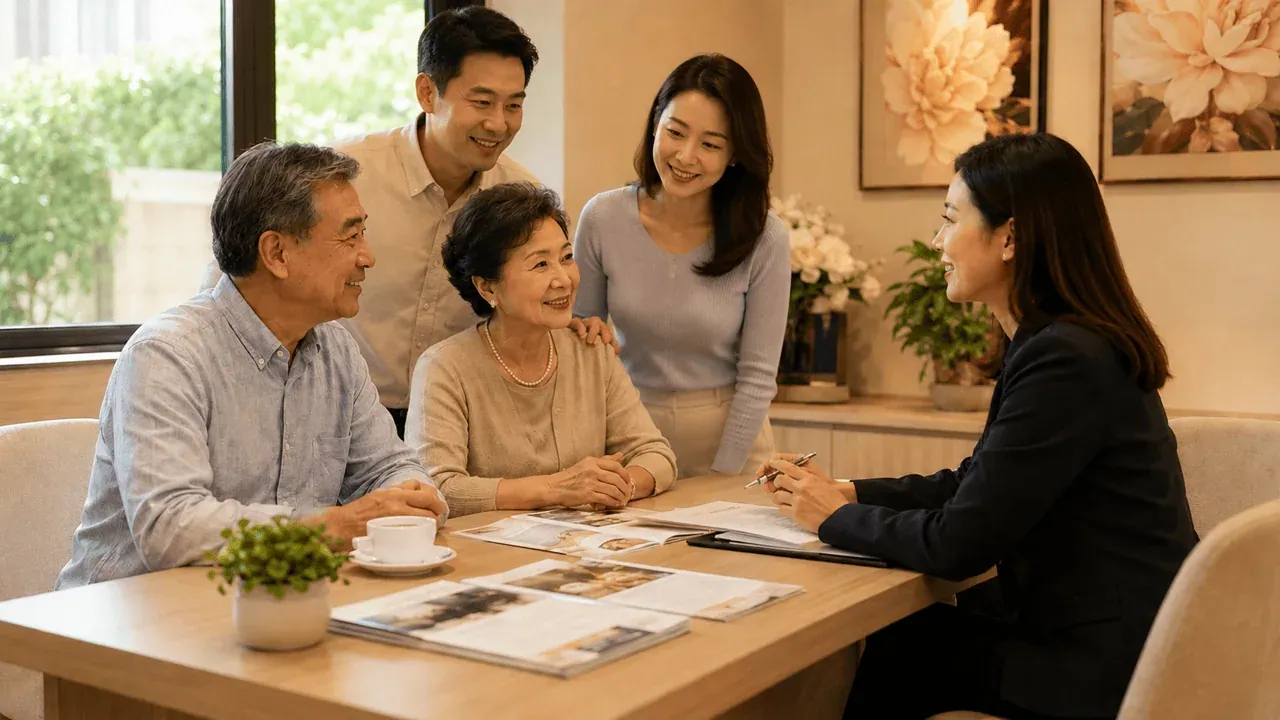 A family seated with a consultant at a table, looking through printed plans together